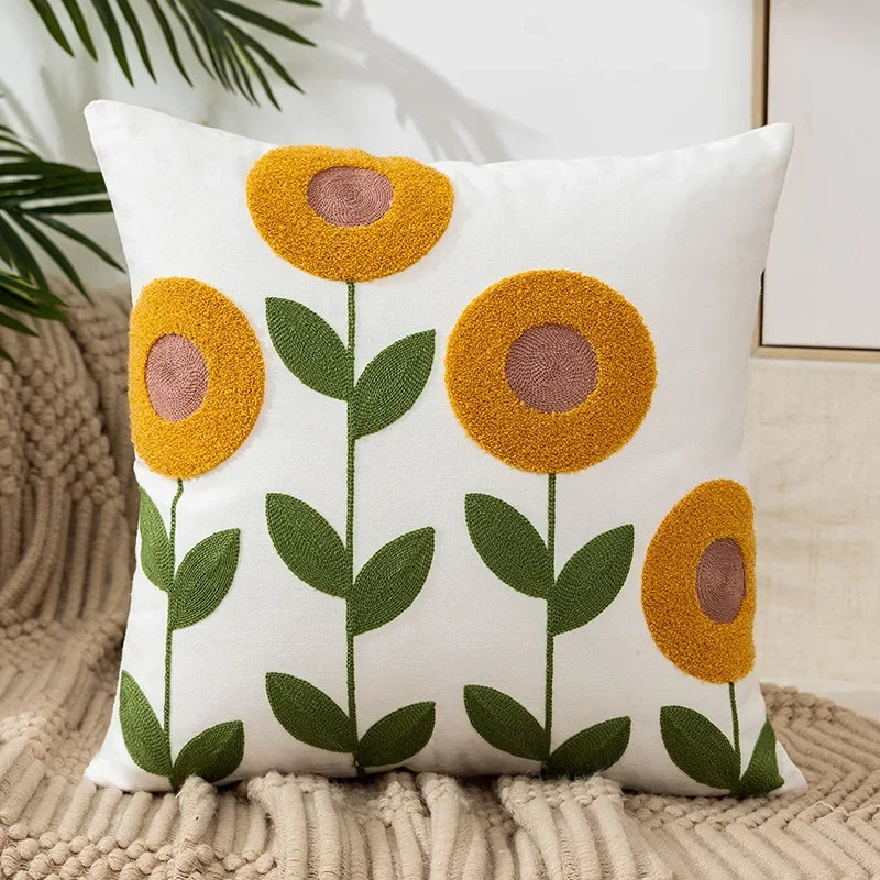 Cushion Cover Embroidered Floral Cotton Canvas Hidden Zipper
