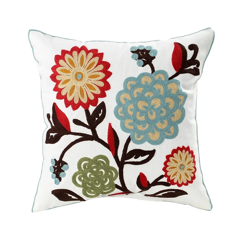 Cushion Cover Embroidered Floral Cotton Canvas Hidden Zipper
