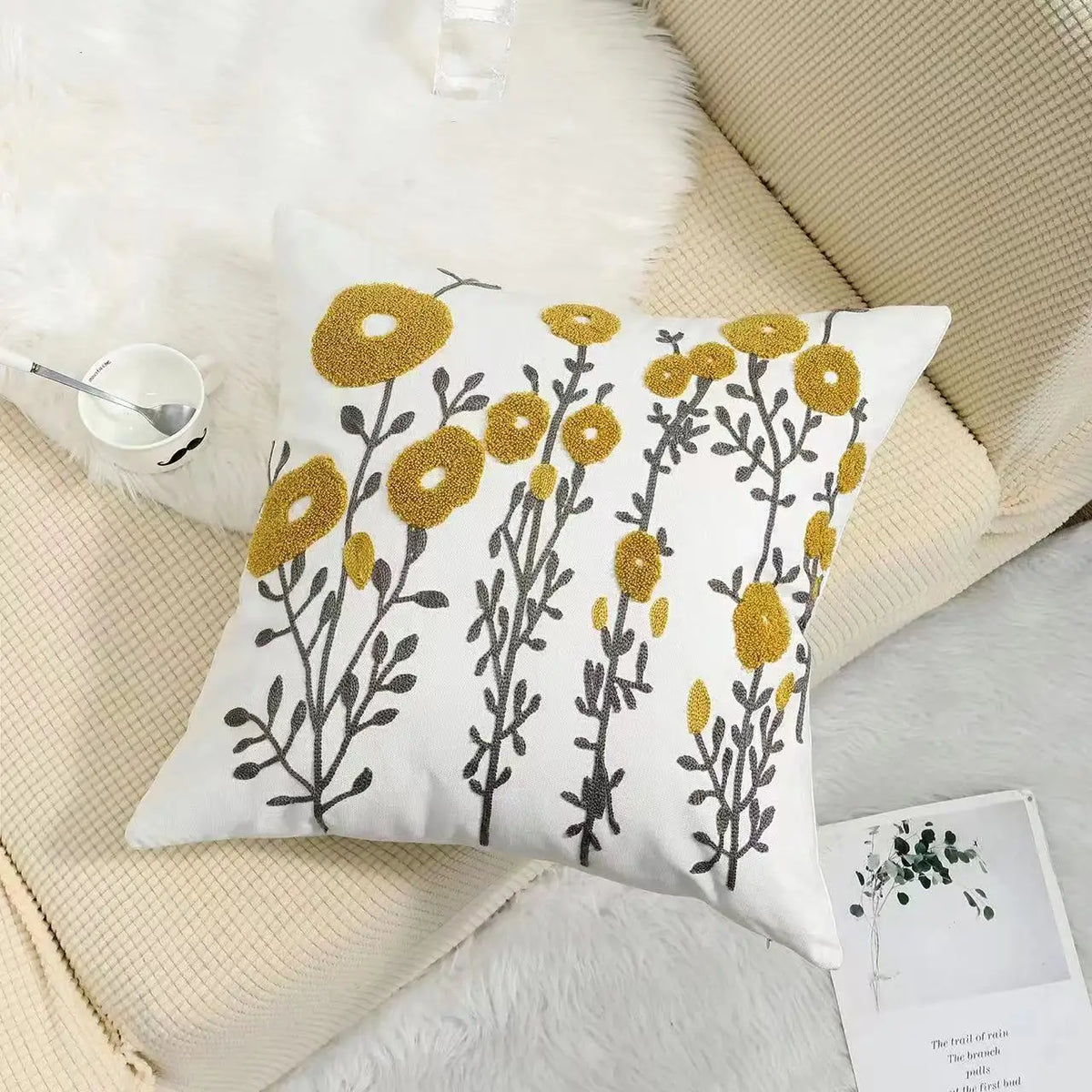 Cushion Cover Embroidered Floral Cotton Canvas Hidden Zipper