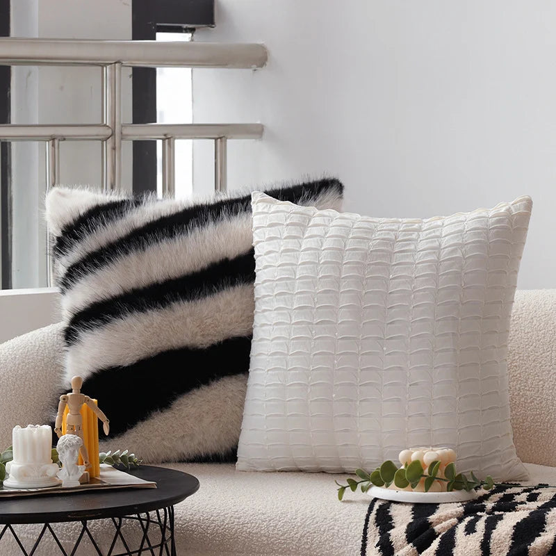 Cushion Cover Faux Fur Zebra Stripe Hidden Zipper