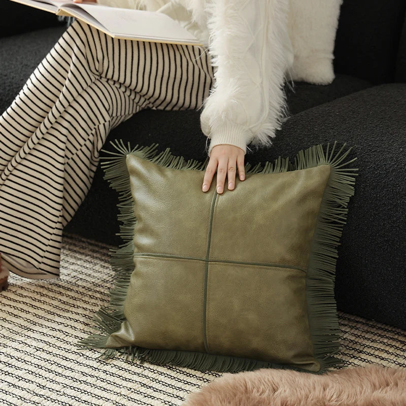Cushion Cover Faux Leather Fringe Hidden Zipper