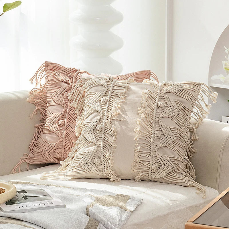 Cushion Cover Hand-Knotted Macrame Fringe Cotton Blend 18x18
