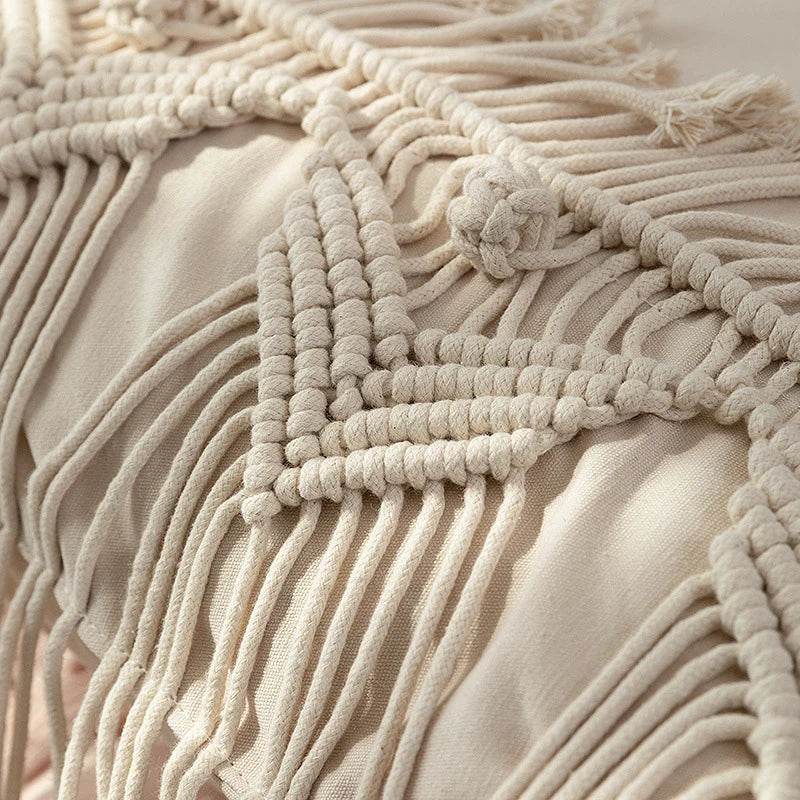 Cushion Cover Hand-Knotted Macrame Fringe Cotton Blend 18x18