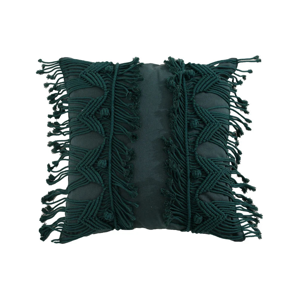 Cushion Cover Hand-Knotted Macrame Fringe Cotton Blend 18x18
