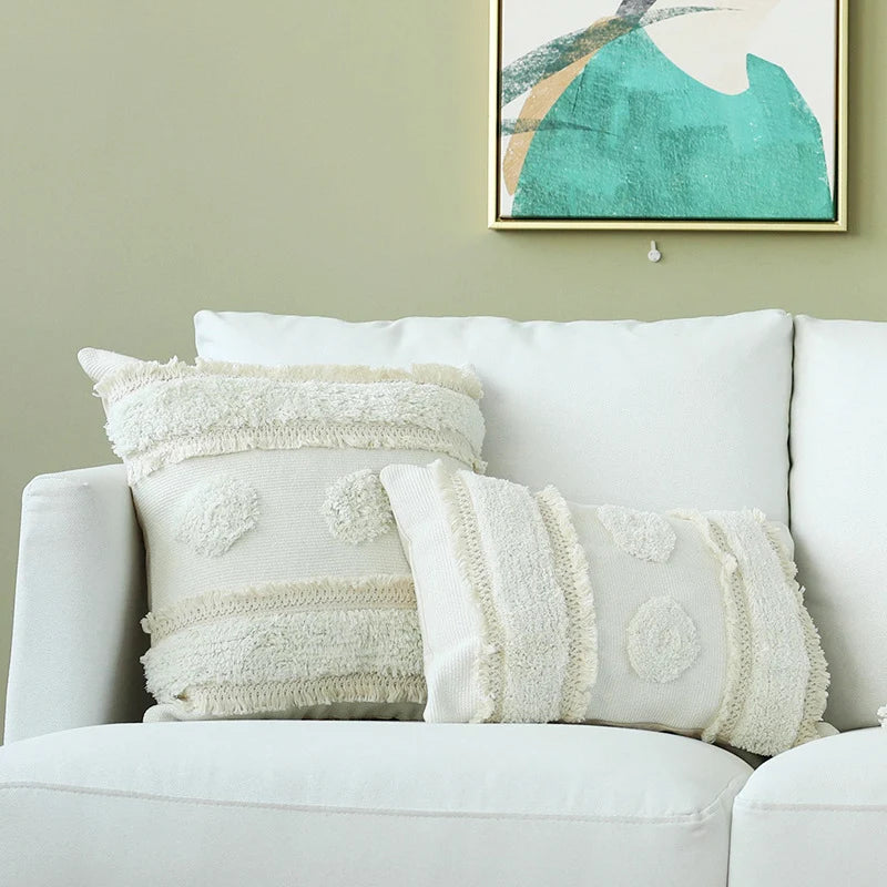 Cushion Cover Hand-Tufted Dots & Fringe Cotton Blend