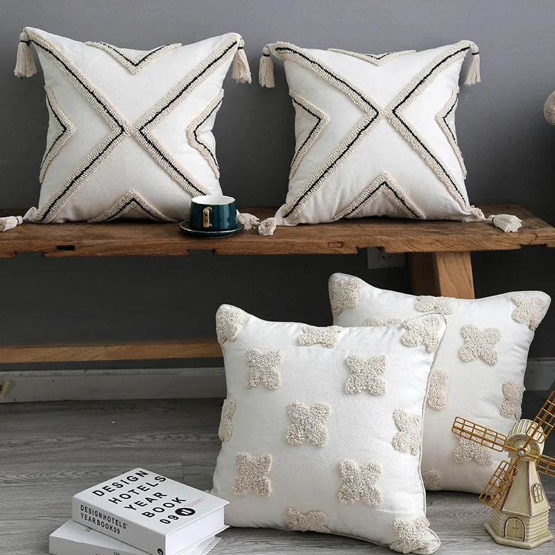 Cushion Cover Handcrafted Cotton Tufted X Tassel Corners