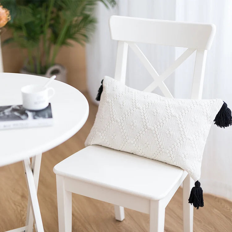 Cushion Cover Handwoven Cotton Blend Jacquard Tassel Corners
