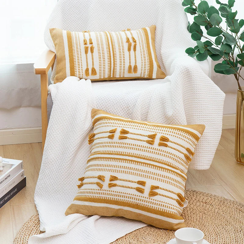 Cushion Cover Handwoven Cotton Tufted Tassels Concealed Zipper