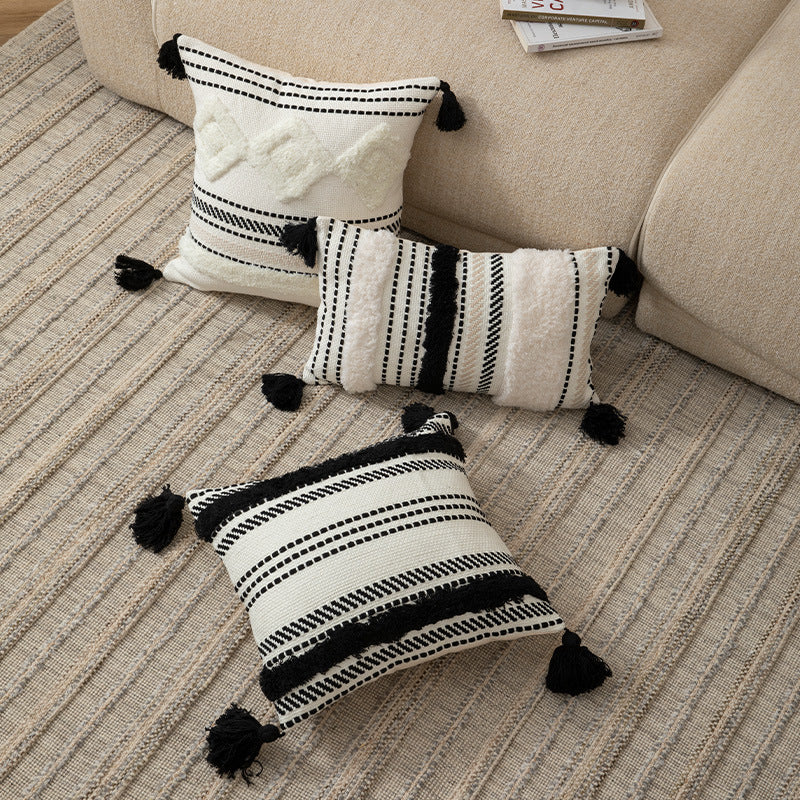 Cushion Cover Handwoven Look Cotton Blend Stripes & Tassels