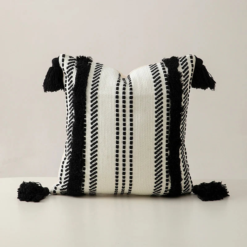 Cushion Cover Handwoven Look Cotton Blend Stripes & Tassels