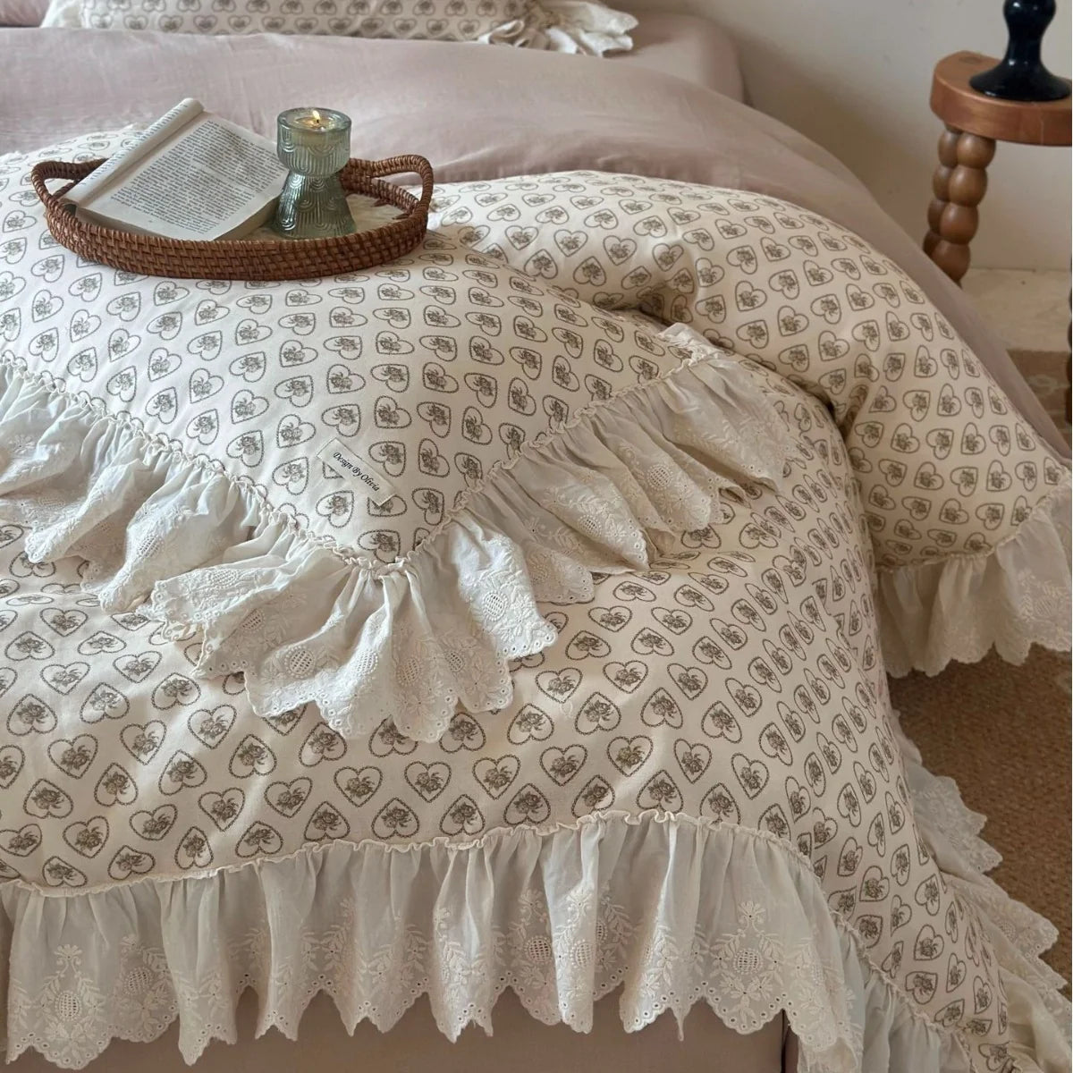 Cushion Cover Lace Ruffle Heart Rose Print