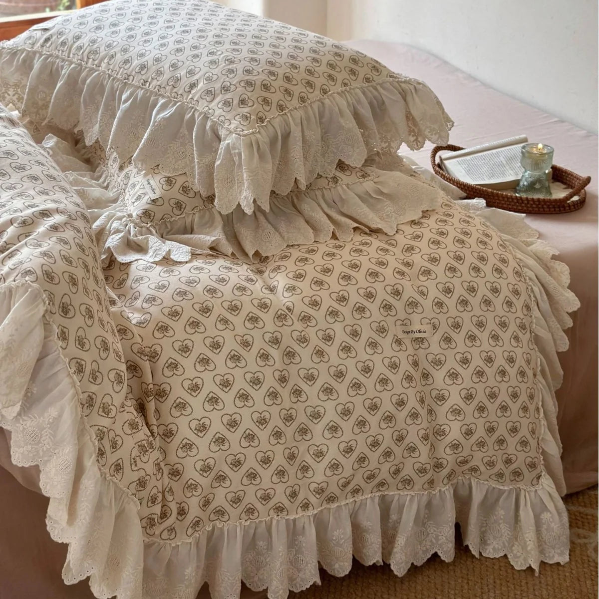 Cushion Cover Lace Ruffle Heart Rose Print