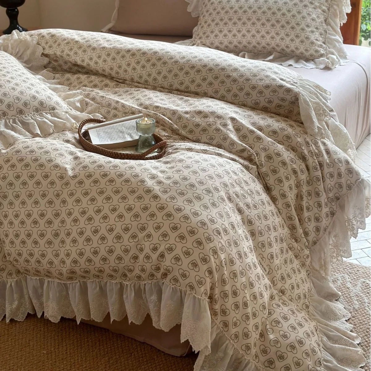 Cushion Cover Lace Ruffle Heart Rose Print