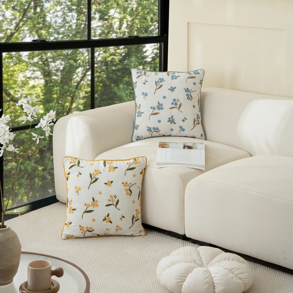 Cushion Cover Linen-Cotton Blend Embroidered Floral Piped Edge
