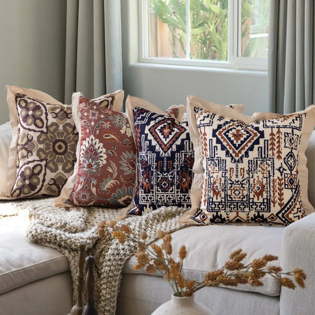 Cushion Cover Mandala Jacquard Linen Flange 45x45 cm