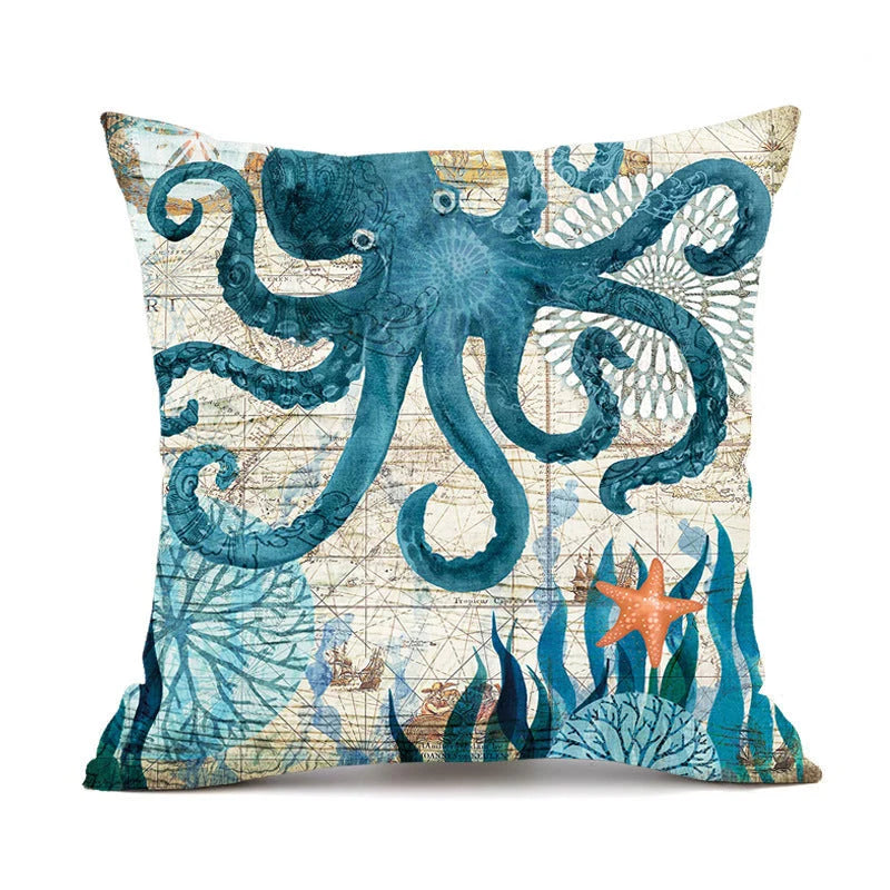 Cushion Cover Marine Print Natural Flax Invisible Zipper