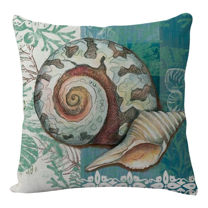 Cushion Cover Marine Print Natural Flax Invisible Zipper