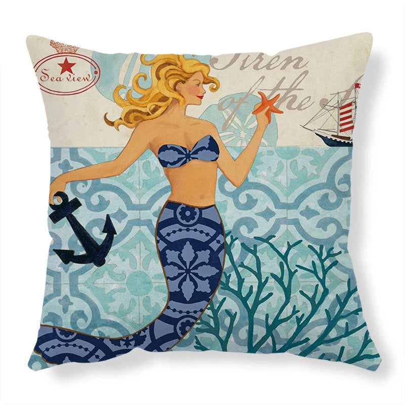 Cushion Cover Marine Print Natural Flax Invisible Zipper