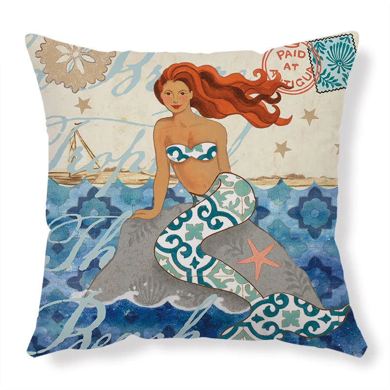 Cushion Cover Marine Print Natural Flax Invisible Zipper