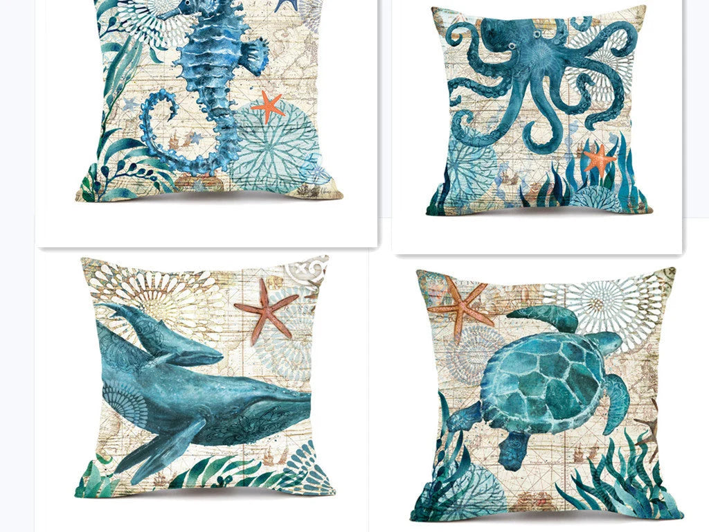 Cushion Cover Marine Print Natural Flax Invisible Zipper