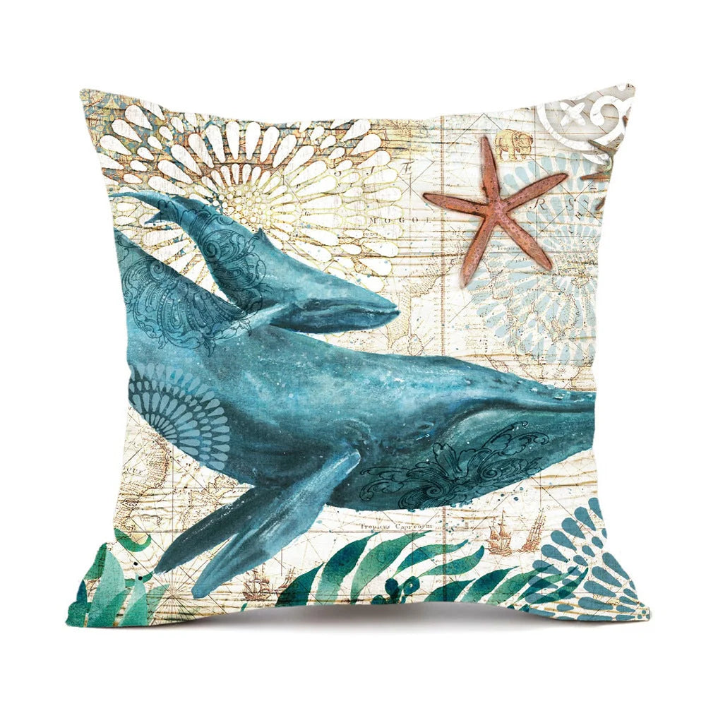 Cushion Cover Marine Print Natural Flax Invisible Zipper