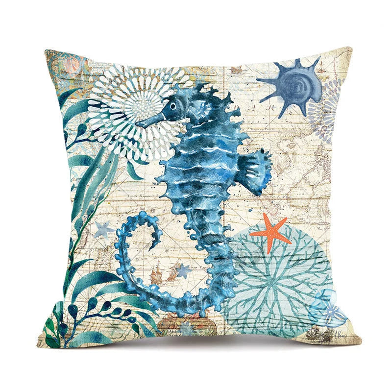 Cushion Cover Marine Print Natural Flax Invisible Zipper