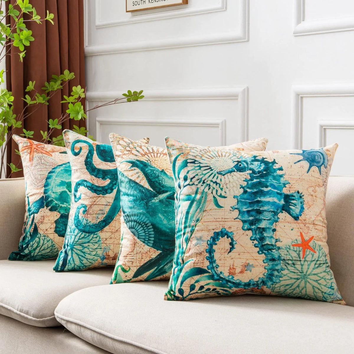 Cushion Cover Marine Print Natural Flax Invisible Zipper