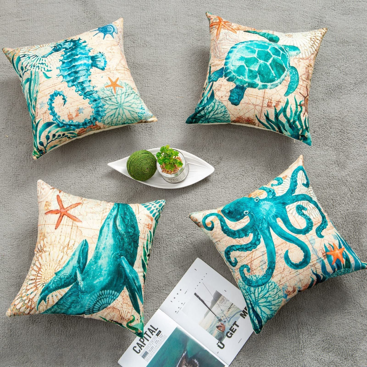 Cushion Cover Marine Print Natural Flax Invisible Zipper