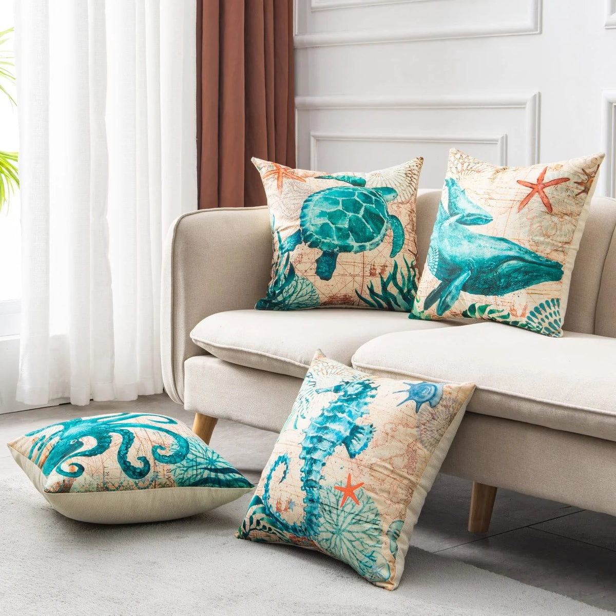 Cushion Cover Marine Print Natural Flax Invisible Zipper