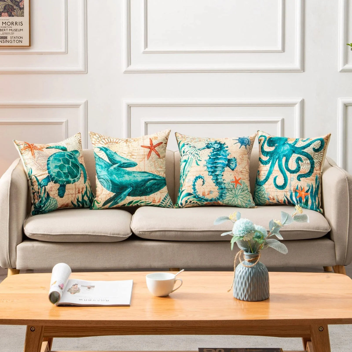 Cushion Cover Marine Print Natural Flax Invisible Zipper