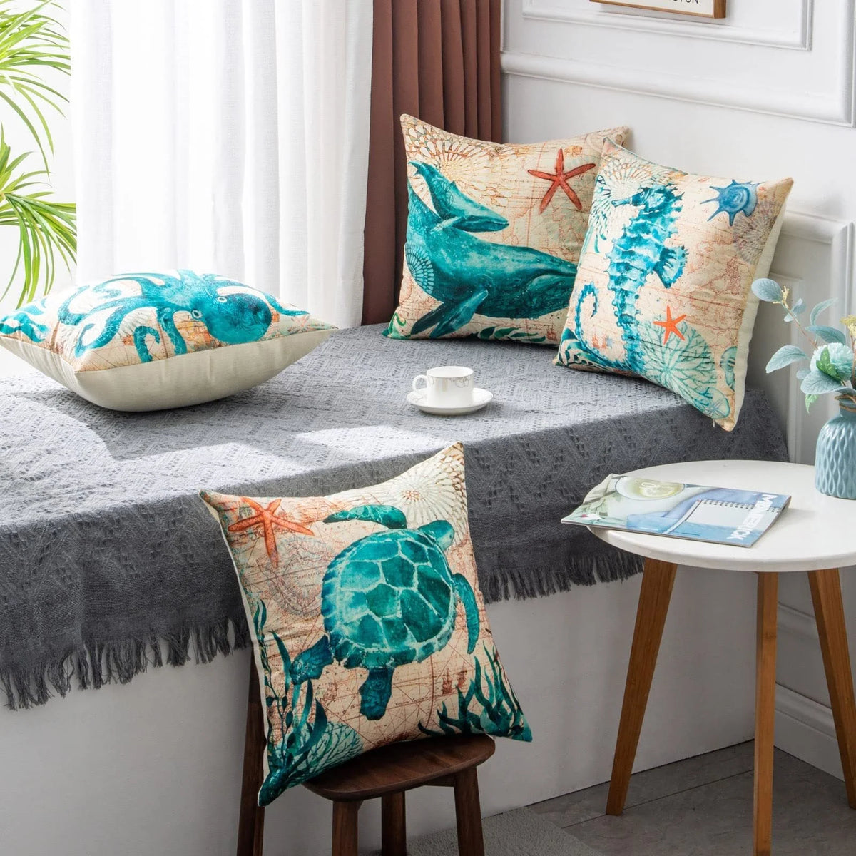 Cushion Cover Marine Print Natural Flax Invisible Zipper