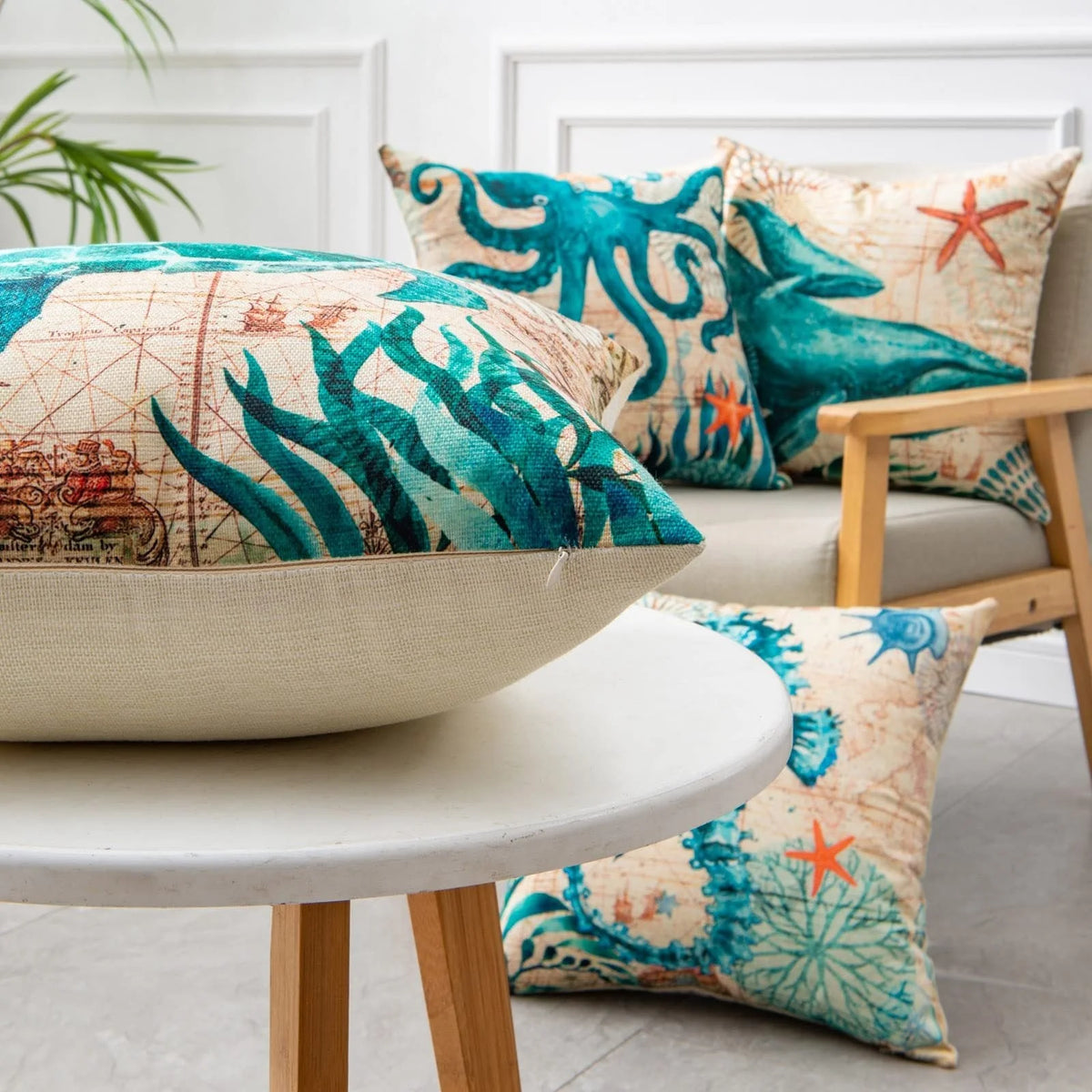 Cushion Cover Marine Print Natural Flax Invisible Zipper