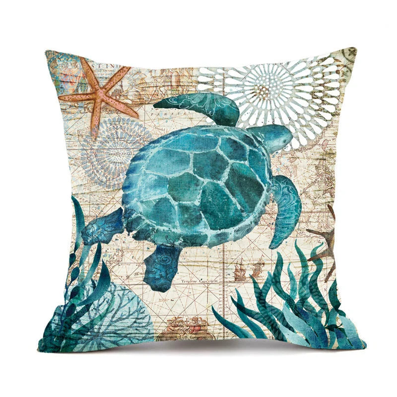 Cushion Cover Marine Print Natural Flax Invisible Zipper