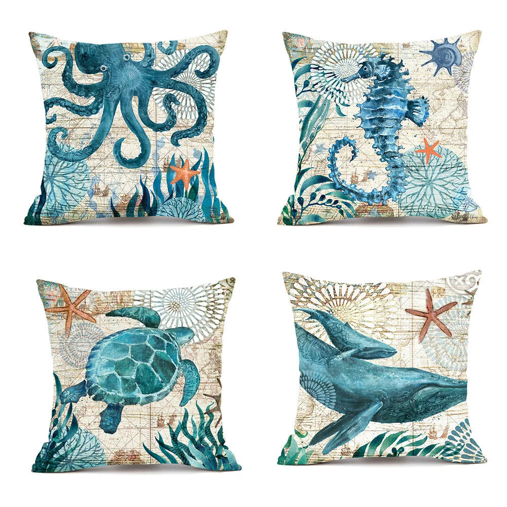 Cushion Cover Marine Print Natural Flax Invisible Zipper