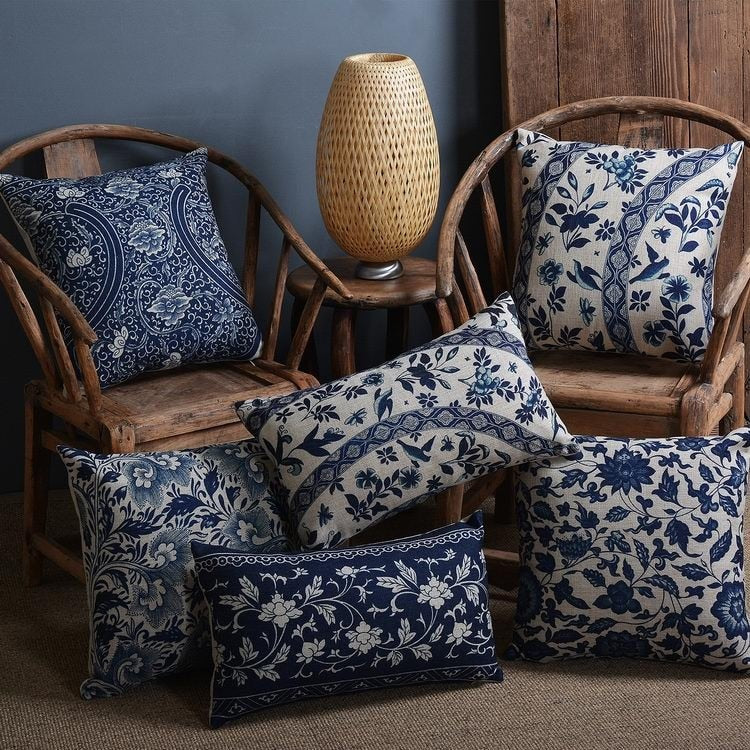 Cushion Cover Porcelain-Style Blue & White Linen-Look