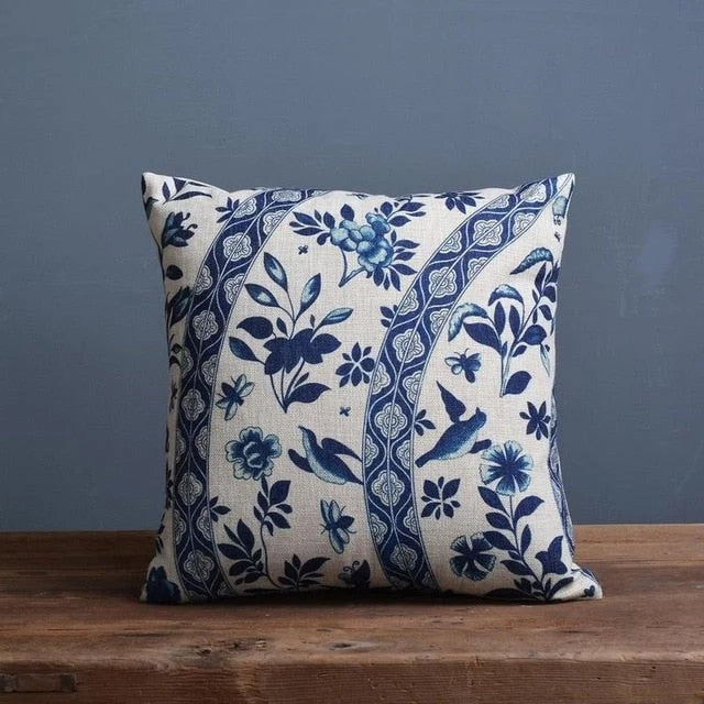 Cushion Cover Porcelain-Style Blue & White Linen-Look