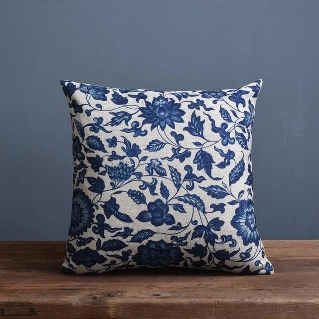 Cushion Cover Porcelain-Style Blue & White Linen-Look