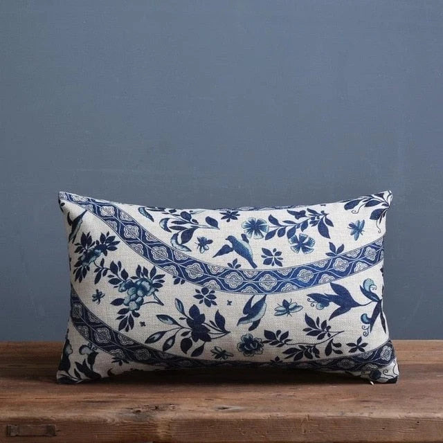 Cushion Cover Porcelain-Style Blue & White Linen-Look