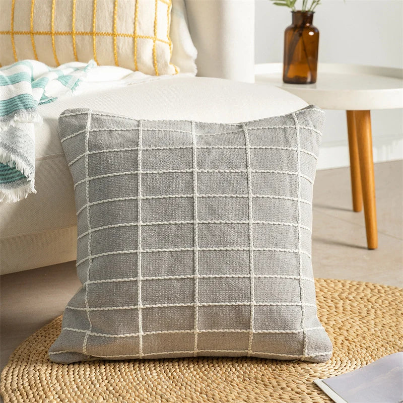 Cushion Cover Raised Checkered Cotton-Linen Blend Hidden Zipper
