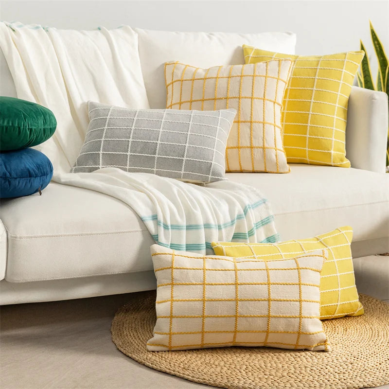 Cushion Cover Raised Checkered Cotton-Linen Blend Hidden Zipper
