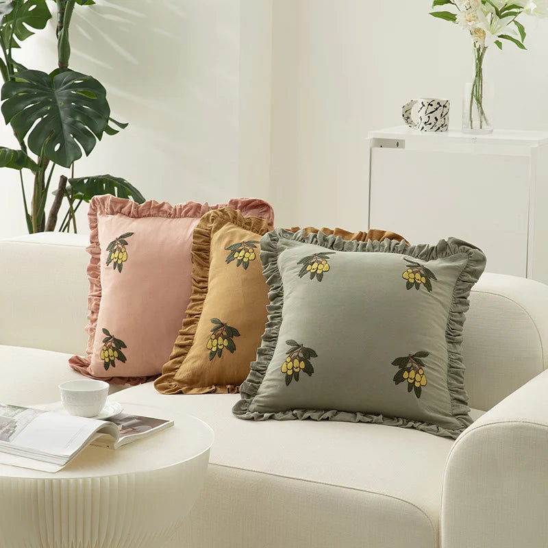 Cushion Cover Removable Cotton-Linen Ruffled Edge & Embroidered Berry