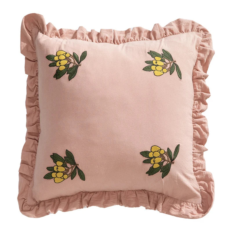 Cushion Cover Removable Cotton-Linen Ruffled Edge & Embroidered Berry