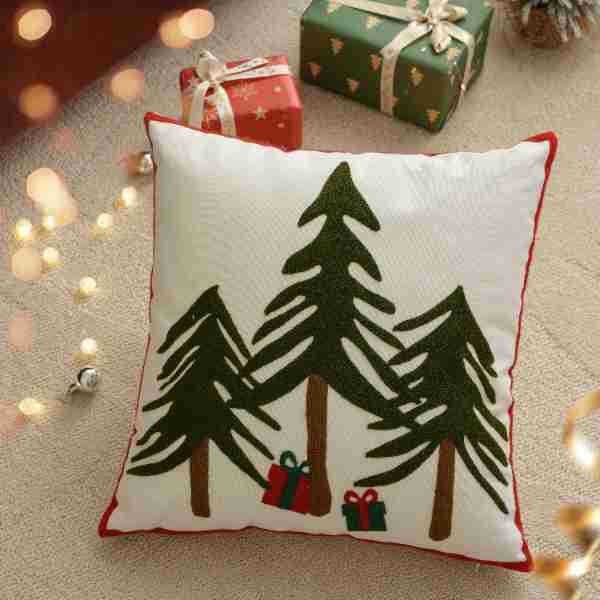 Cushion Cover Star & Pine Print Pom-Pom Trim