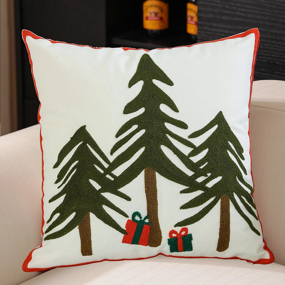 Cushion Cover Star & Pine Print Pom-Pom Trim