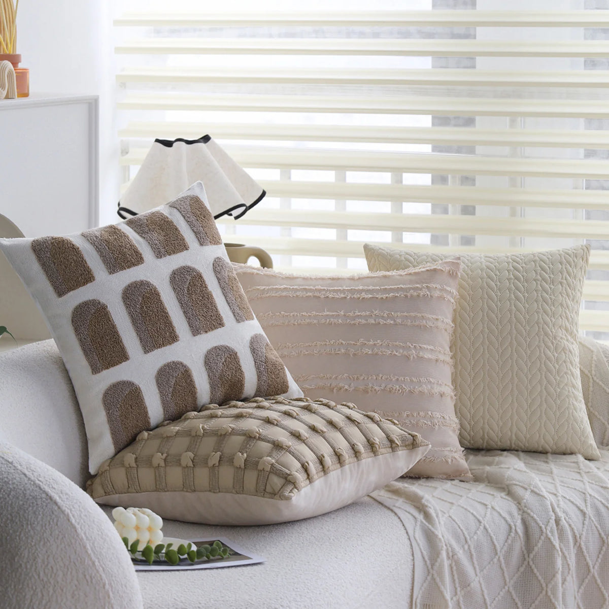 Cushion Cover Textured Knotted Grid Cotton Blend Concealed Zipper