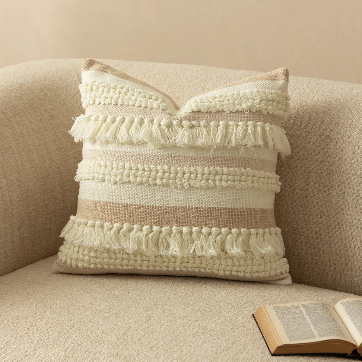 Cushion Cover Textured Stripes & Fringes Hidden Zipper
