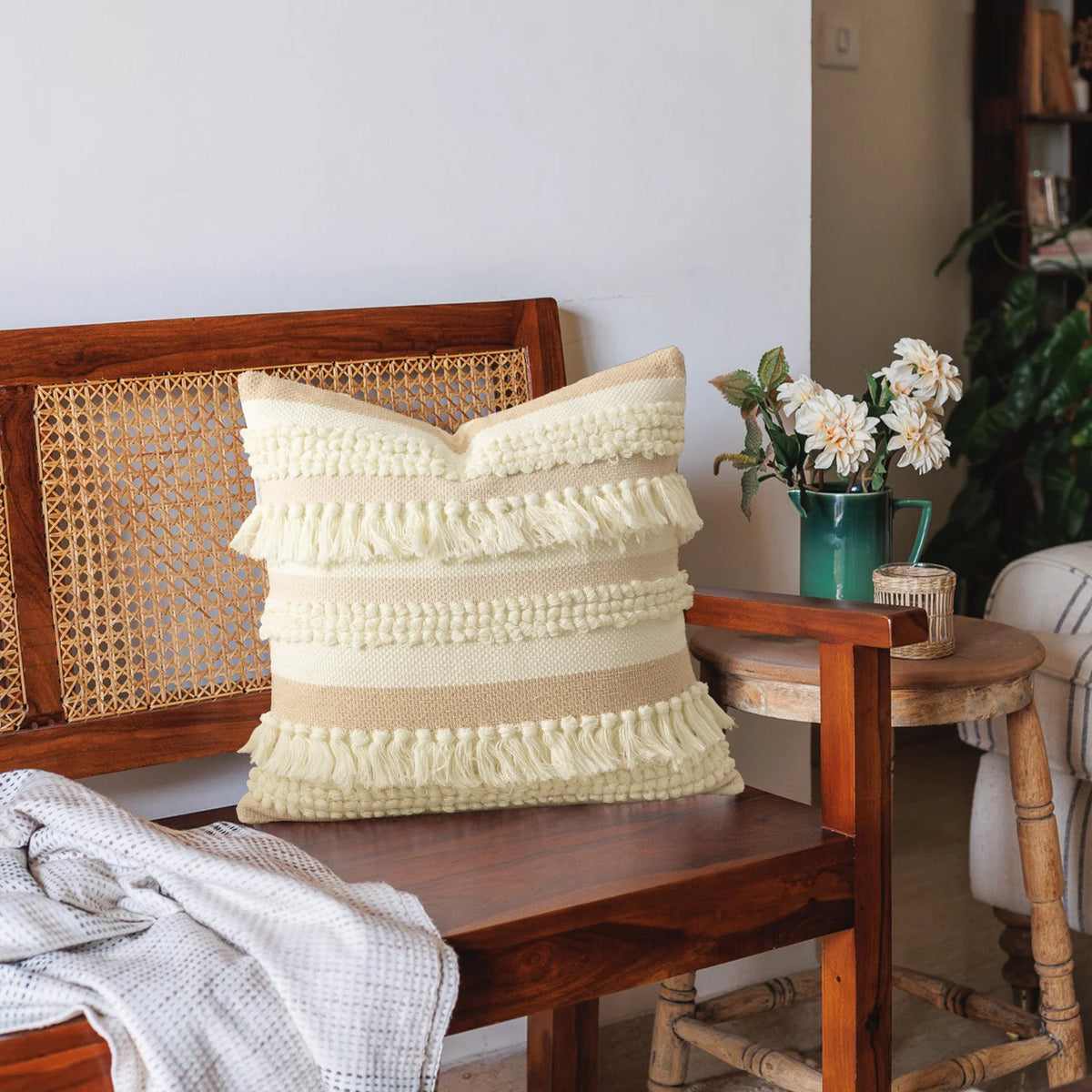 Cushion Cover Textured Stripes & Fringes Hidden Zipper