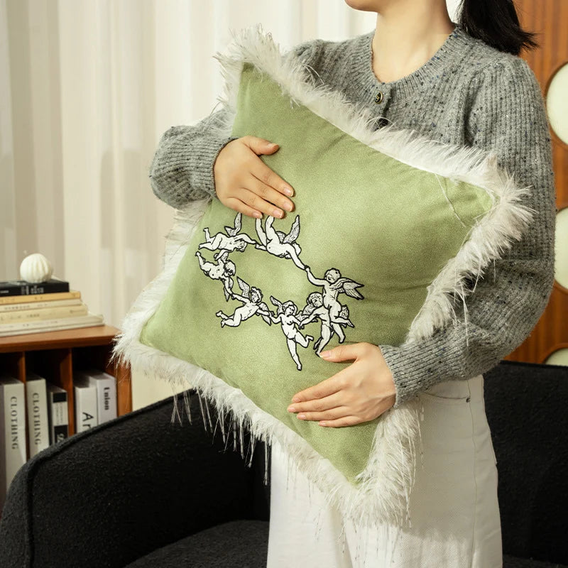 Cushion Cover Velvet Angel Embroidery Faux Fur Trim