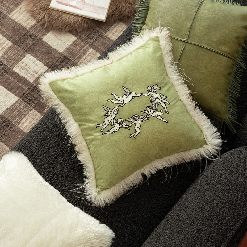 Cushion Cover Velvet Angel Embroidery Faux Fur Trim