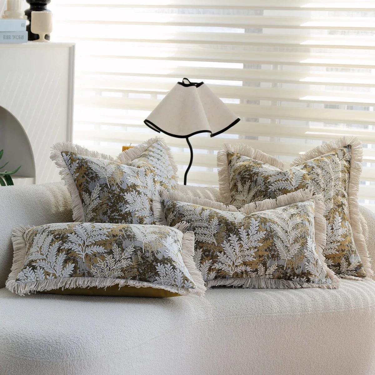 Cushion Cover Velvet Embroidered Jacquard Fern Fringed Edge